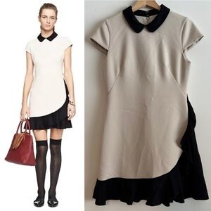 Kate Spade crepe ruffle scalloped nude and black collared dress size 6